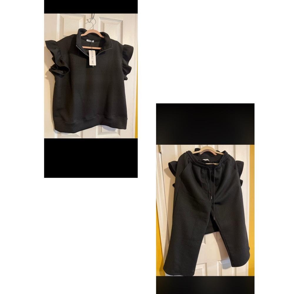 Black Women's Ruffle Sleeve Top and Joggers Set